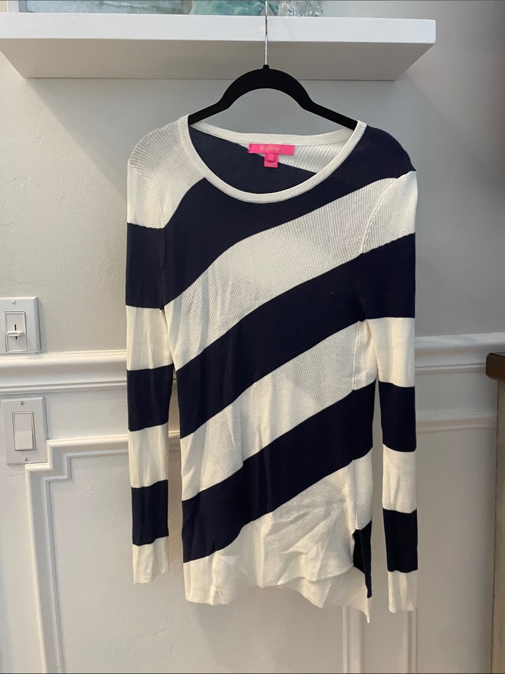 Lilly Pulitzer Navy and White Diagonal Stripe Long-Sleeve Top